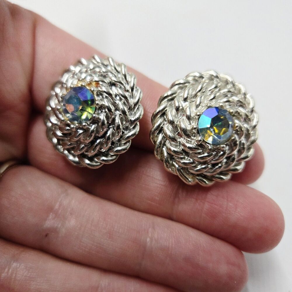 Vintage Coro Earrings Blue AB Rhinestone Silver Tone Braided Round Clip On